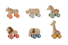WILDLIFE WOODEN ANIMAL WITH SILICONE WHEELS PACK OF 6