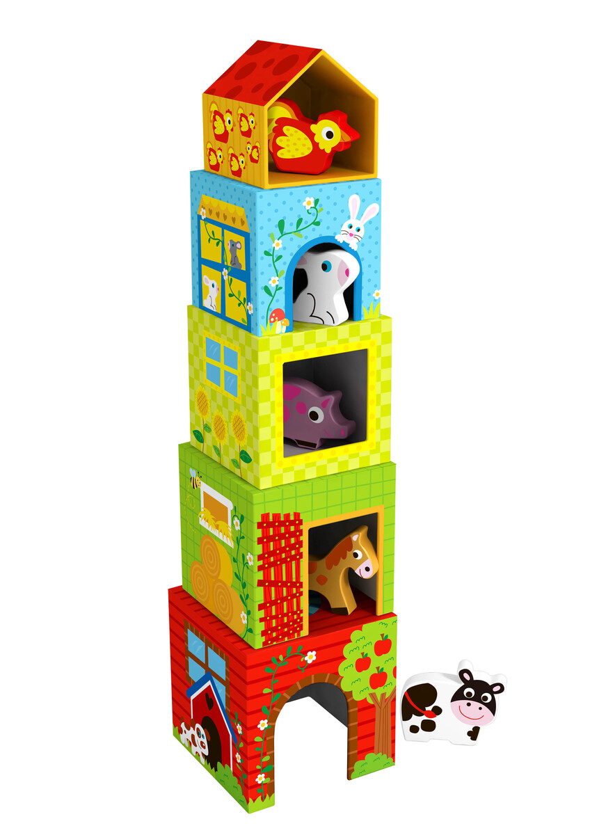 TKF053 Tooky Toy NESTING BOX - FARM with wooden farm animals stacking tower  blocks. S