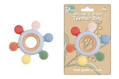 SILICONE AND WOODEN TEETHER RING BLUE