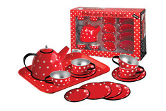 RED POLKA DOT BLACK TRIM TIN TEA SET 15PCS