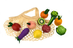 WOODEN FRUIT & VEGETABLES 10PC SET WITH COTTON MESH SHOPPING BAG