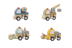 WOODEN WIND UP CONSTRUCTION TRUCK SET OF 4