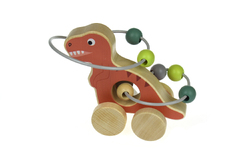 WOODEN DINOSAUR BEAD MAZE ON WHEEL RED