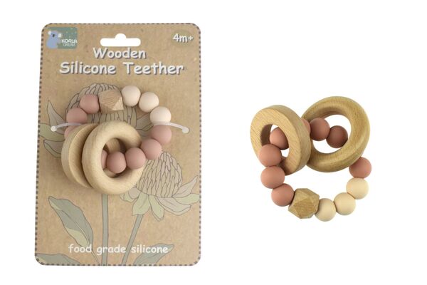 WOODEN SILICONE RINGS TEETHER-PINK