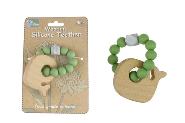 WOODEN SILICONE WHALE TEETHER-GREEN