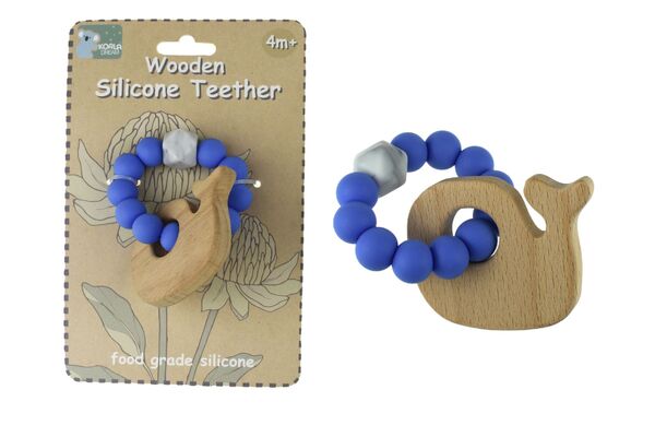WOODEN SILICONE WHALE TEETHER-BLUE