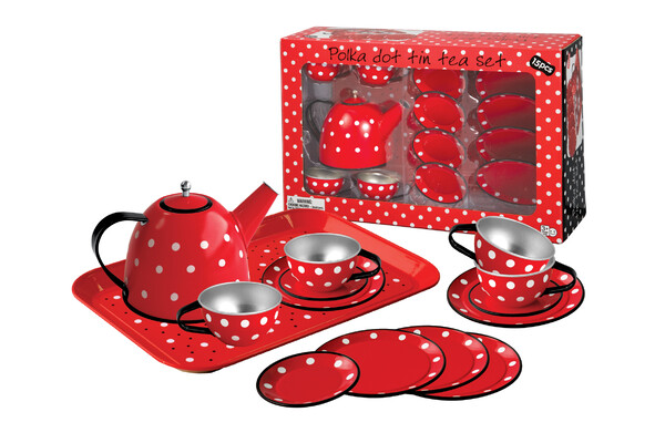 RED POLKA DOT BLACK TRIM TIN TEA SET 15PCS