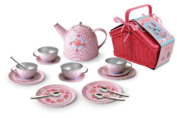 FLORAL TIN TEA SET IN PICNIC BASKET 18PCS