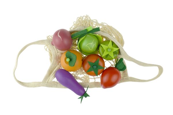 WOODEN VEGETABLES 7-PC SET WITH COTTON MESH SHOPPING BAG