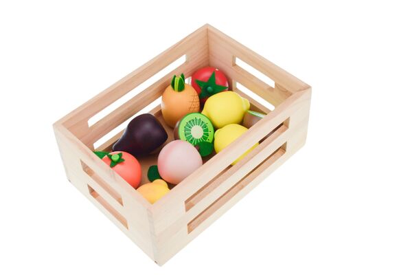 WOODEN FRUITS 10-PC SET WITH WOODEN CRATE