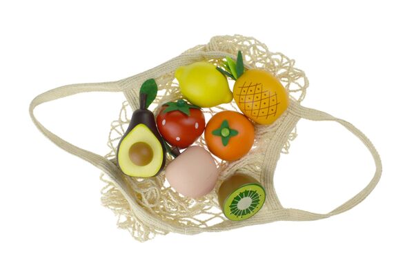 WOODEN FRUITS 7-PC SET WITH COTTON MESH SHOPPING BAG