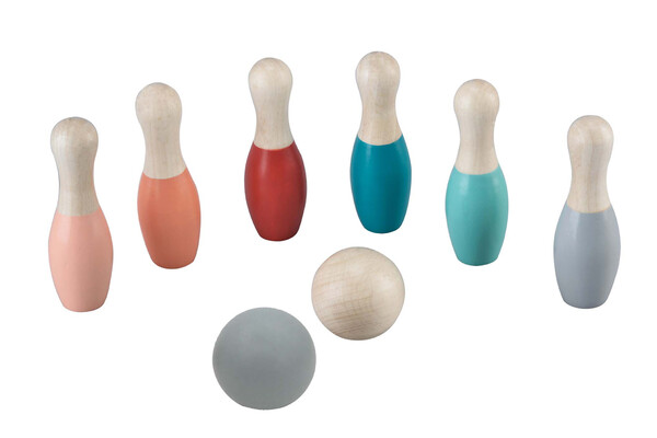 WOODEN BOWLING SET BOTTOM COLOURED