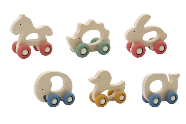 WOODEN GRIP ANIMAL WITH SILICONE WHEELS PACK OF 6