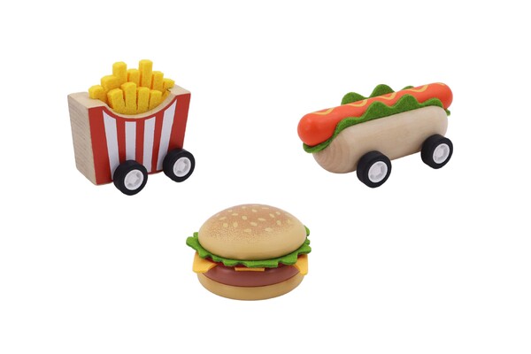 WOODEN PULL BACK FAST FOOD SET OF 3
