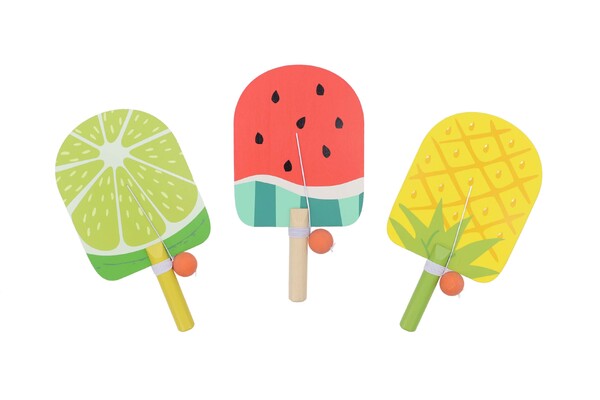 WOODEN TROPICAL FRUIT PADDLE BALL GAME SET OF 3