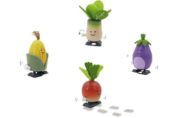 WOODEN WIND UP WALKING VEGGIE SET OF 4